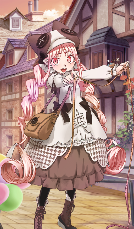 1girl, black_pantyhose, blush, braid, breasts, brown_hat, brown_skirt, buttons, dress, fate/grand_order, fate_(series), habetrot_(fate), habetrot_(celebratory_attire)_(fate), hat, hirai_yukio, layered_skirt, long_hair, long_sleeves, looking_at_viewer, official_art, pantyhose, pink_hair, pointy_ears, red_eyes, sidelocks, skirt, small_breasts, twin_braids, white_dress, white_hat