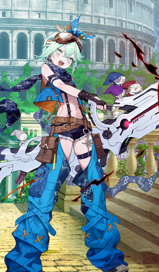 1girl, bare_shoulders, belt, black_gloves, black_shorts, blue_ribbon, blue_scarf, blue_vest