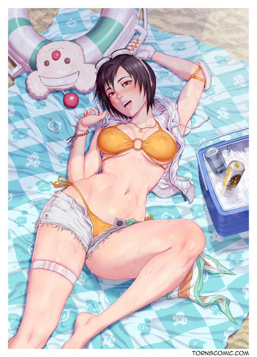 1girl, artist_name, barefoot, beach, bikini, black_hair, blush, bracelet