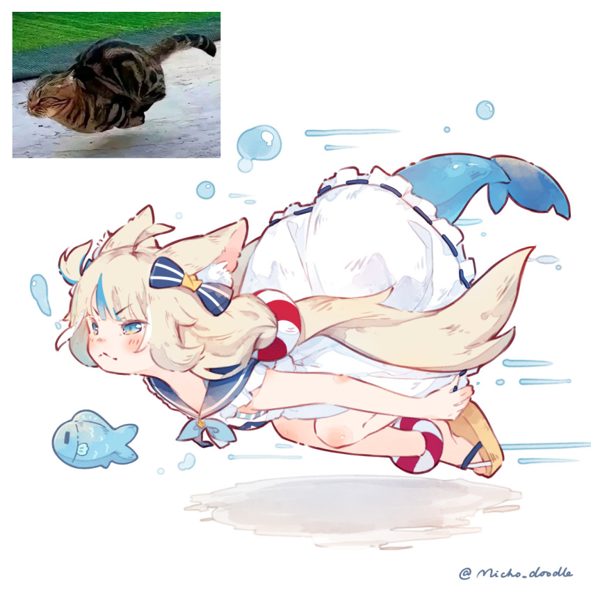 1girl, :<, ahoge, animal_ears, bare_arms, bare_legs, blonde_hair, blue_eyes