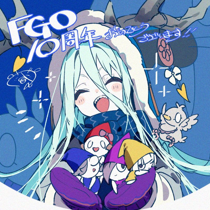 1girl, antlers, horns_through_headwear, aqua_hair, bird, blue_background, blue_scarf, bukurote