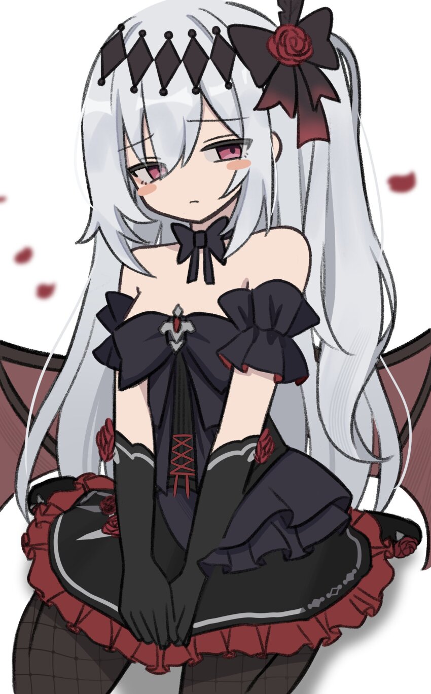 1girl, absurdres, ac8231, bare_shoulders, bat_wings, black_bow, black_bowtie, black_dress