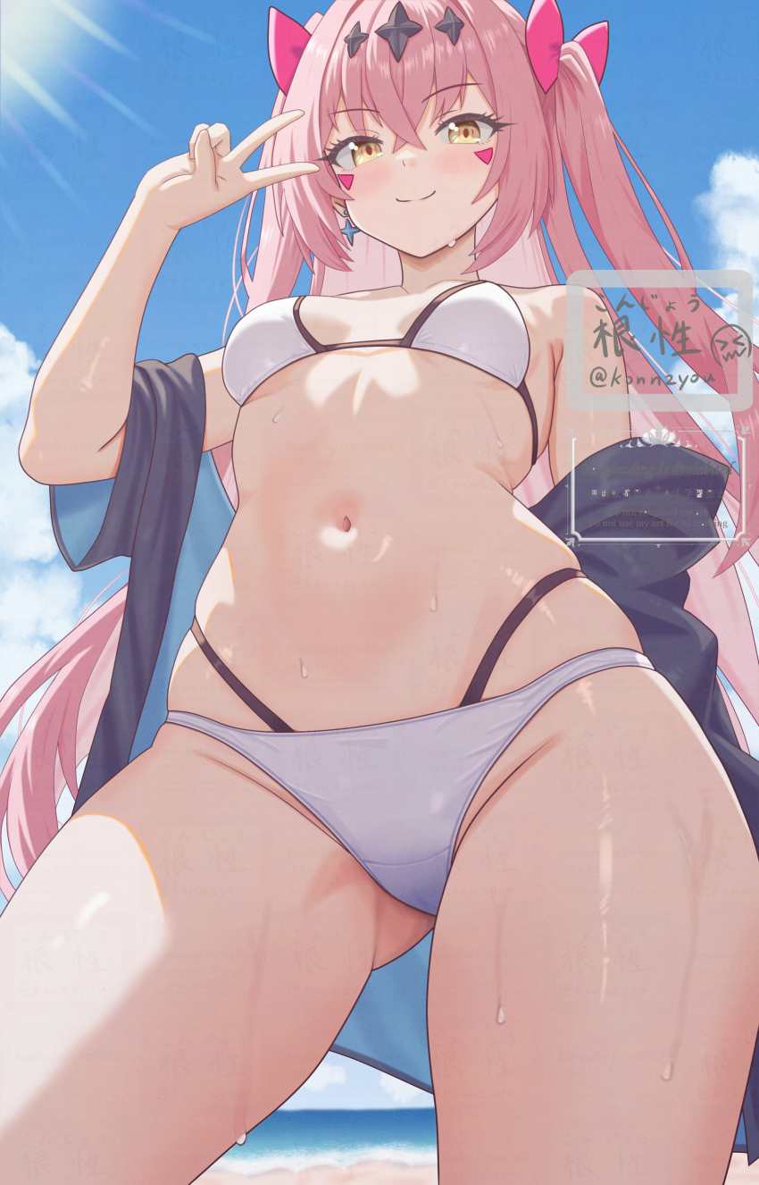 1girl, absurdres, bare_shoulders, bikini, black_jacket, bow, breasts, closed_mouth