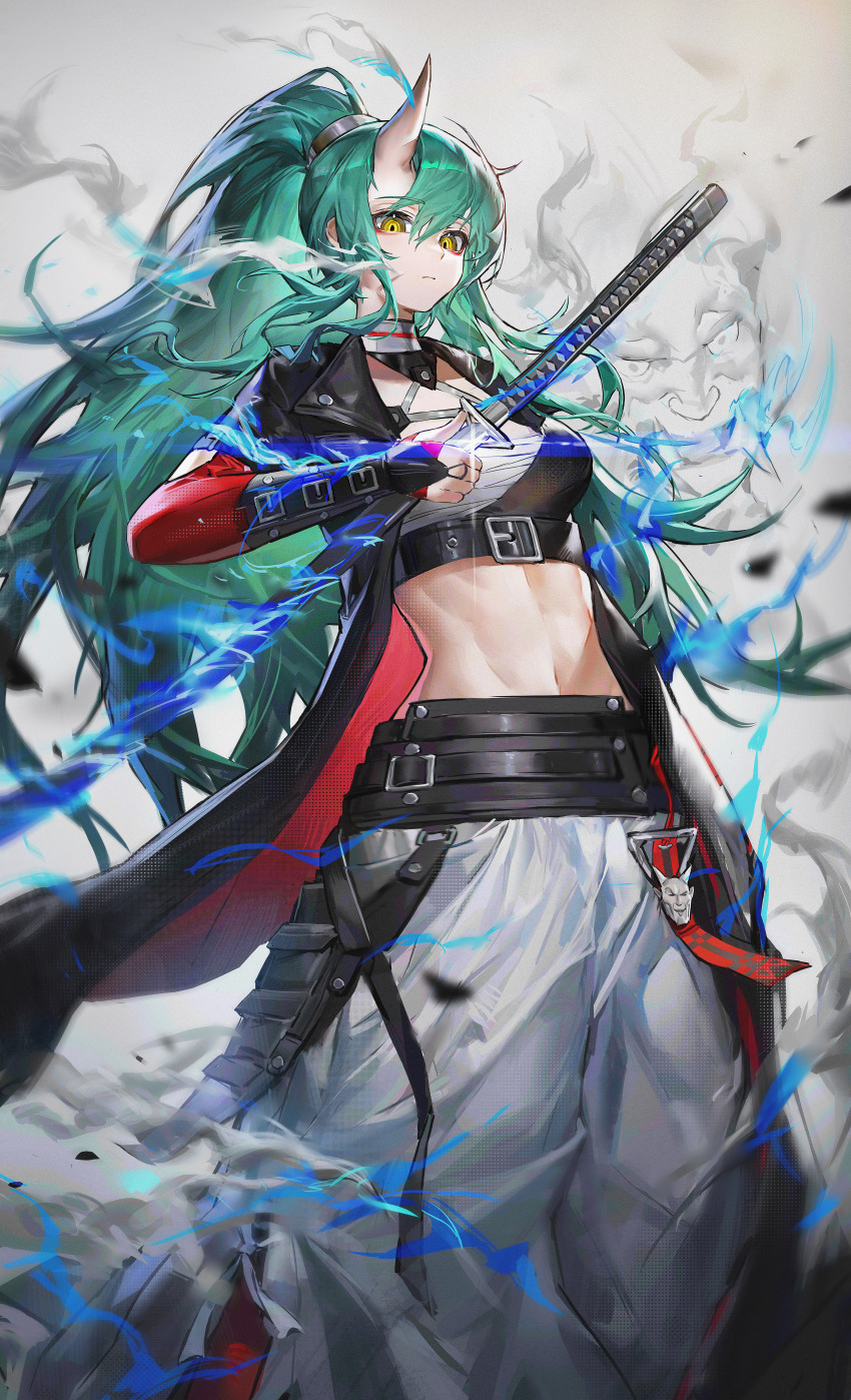 1girl, absurdres, arknights, belt, black_belt, black_jacket, blue_fire, breasts