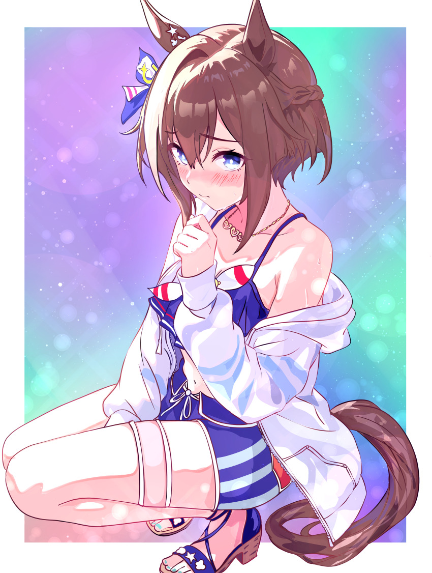 1girl, absurdres, animal_ears, bare_shoulders, bikini, blue_bikini, blue_eyes, blue_nails