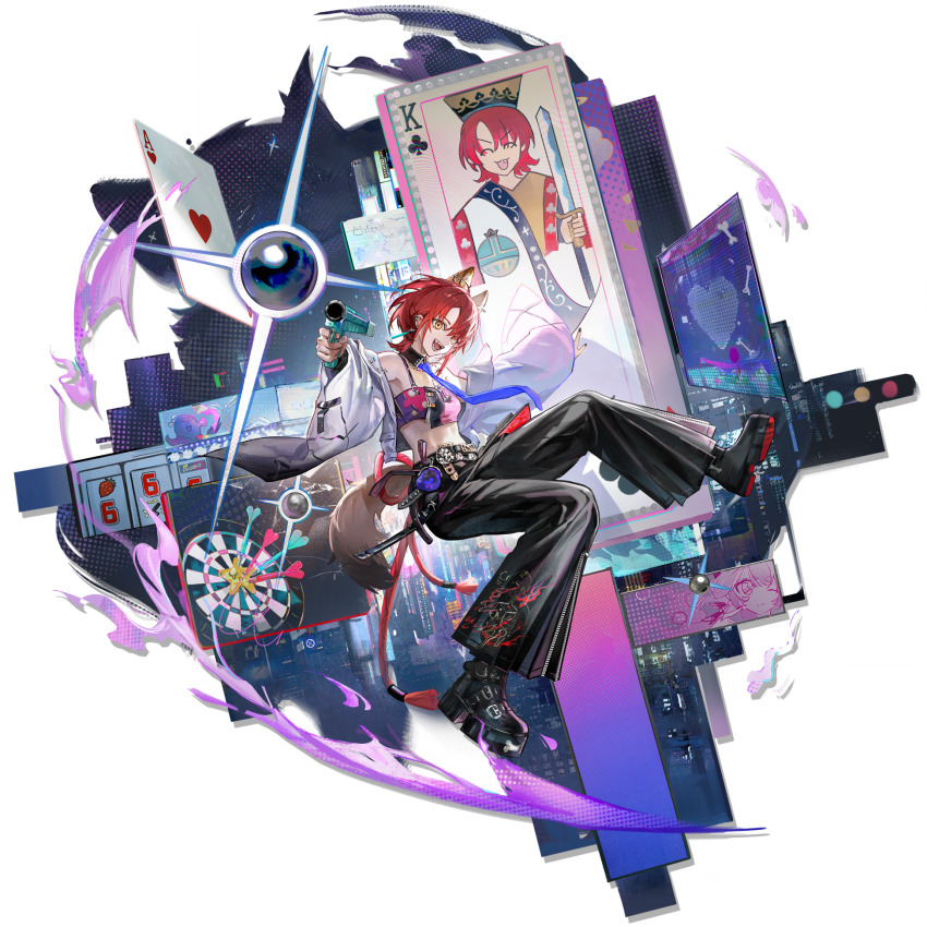 1girl, :3, ace_(playing_card), ace_of_hearts, animal_ear_piercing, animal_ears, arknights, back_ribbon