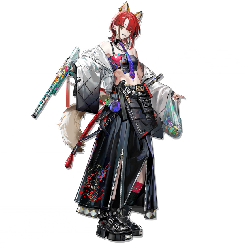 1girl, animal_ear_piercing, animal_ears, arknights, back_ribbon, bag, baggy_pants, belt, belt_boots, black_belt, black_boots, black_collar, black_nails, black_pants, bone, boots, can, chain, chain_necklace, coin_purse, collar, collarbone, crop_top, detached_collar, dog_ears, dog_girl, dog_tail, ear_piercing, earrings, fang, food_in_mouth, full_body, furisode_sleeves, grocery_bag, gun, highres, holding, holding_gun, holding_weapon, horin_(horin_xi), jacket, jacket_partially_removed, jewelry, kichisei_(arknights), lollipop_in_mouth, looking_at_viewer, mismatched_socks, mole, mole_under_eye, multiple_weapons, nail_polish, navel, necklace, necktie, official_art, open_clothes, open_jacket, open_mouth, orange_eyes, pachinko_ball, pants, piercing, platform_boots, pouch, purple_necktie, red_hair, red_rope, red_socks, rope, shimenawa, shopping_bag, short_hair, simple_background, smile, socks, solo, standing, sticker, tail, tassel, tassel_earrings, third-party_source, thumb_ring, transparent_background, unzipped, weapon, white_jacket, yellow_fur