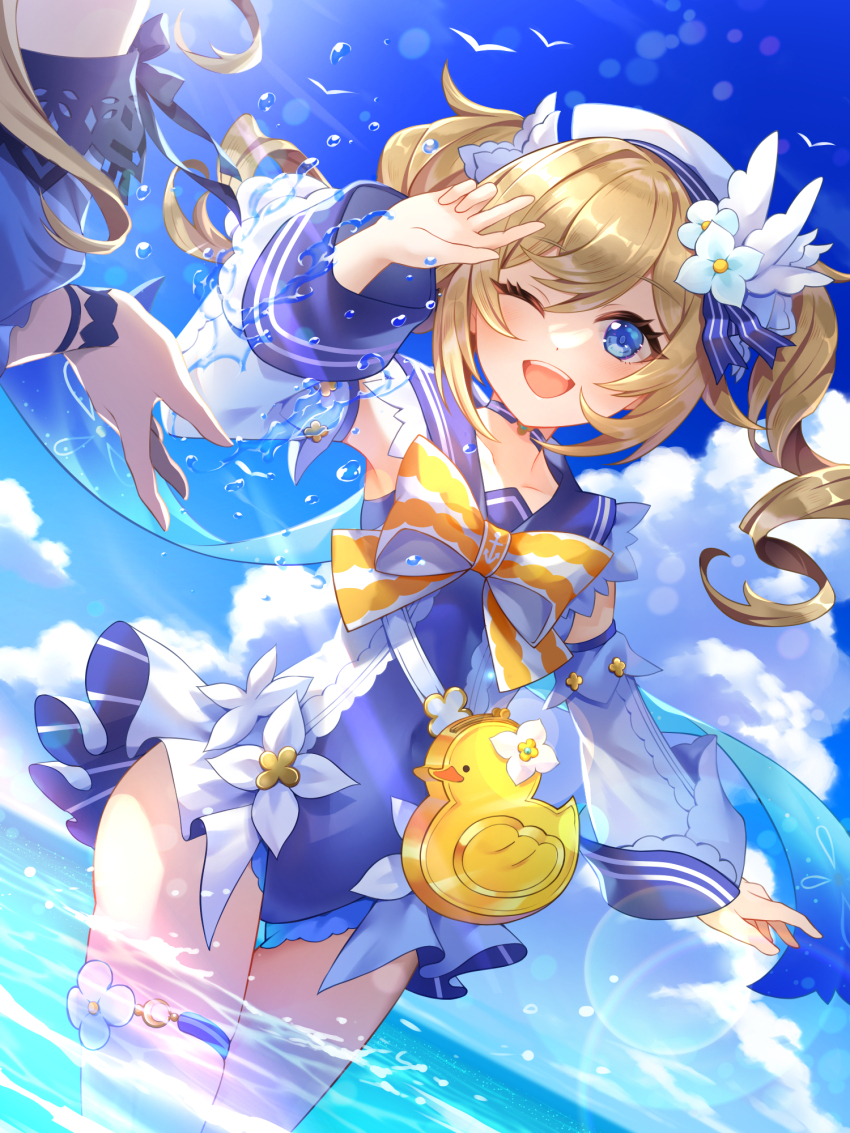 2girls, ankoro, barbara_(genshin_impact), barbara_(summertime_sparkle)_(genshin_impact), beach, blue_eyes, blue_sailor_collar, blue_sky