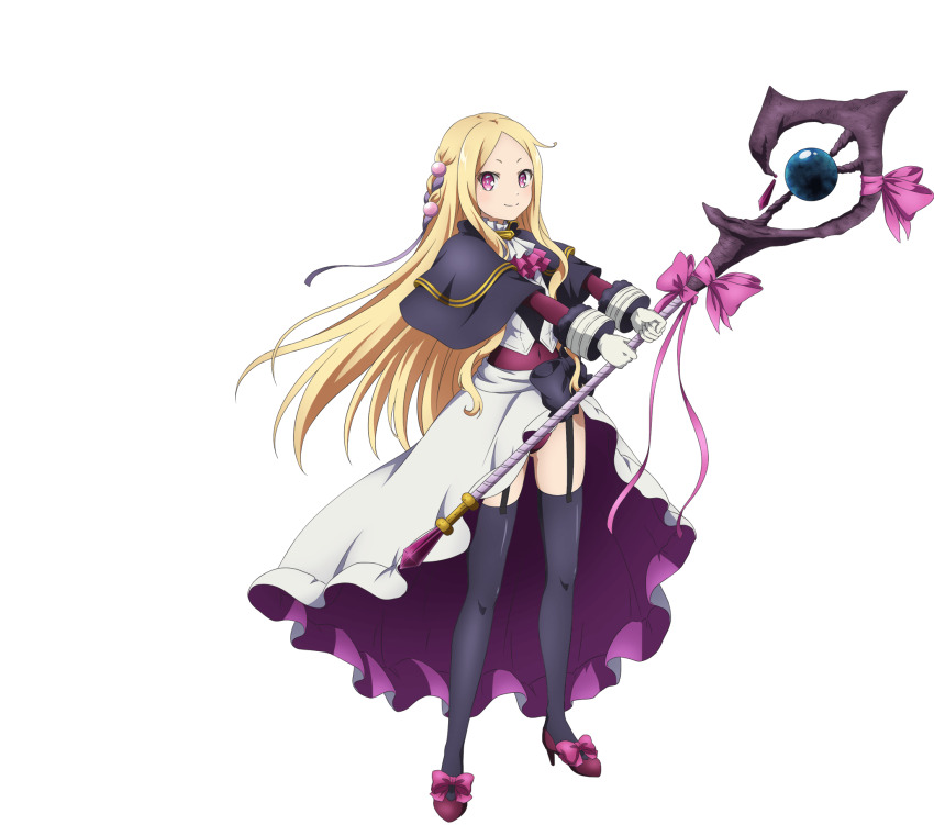 1girl, anime_coloring, ascot, black_cape, black_thighhighs, blonde_hair, bow, cape