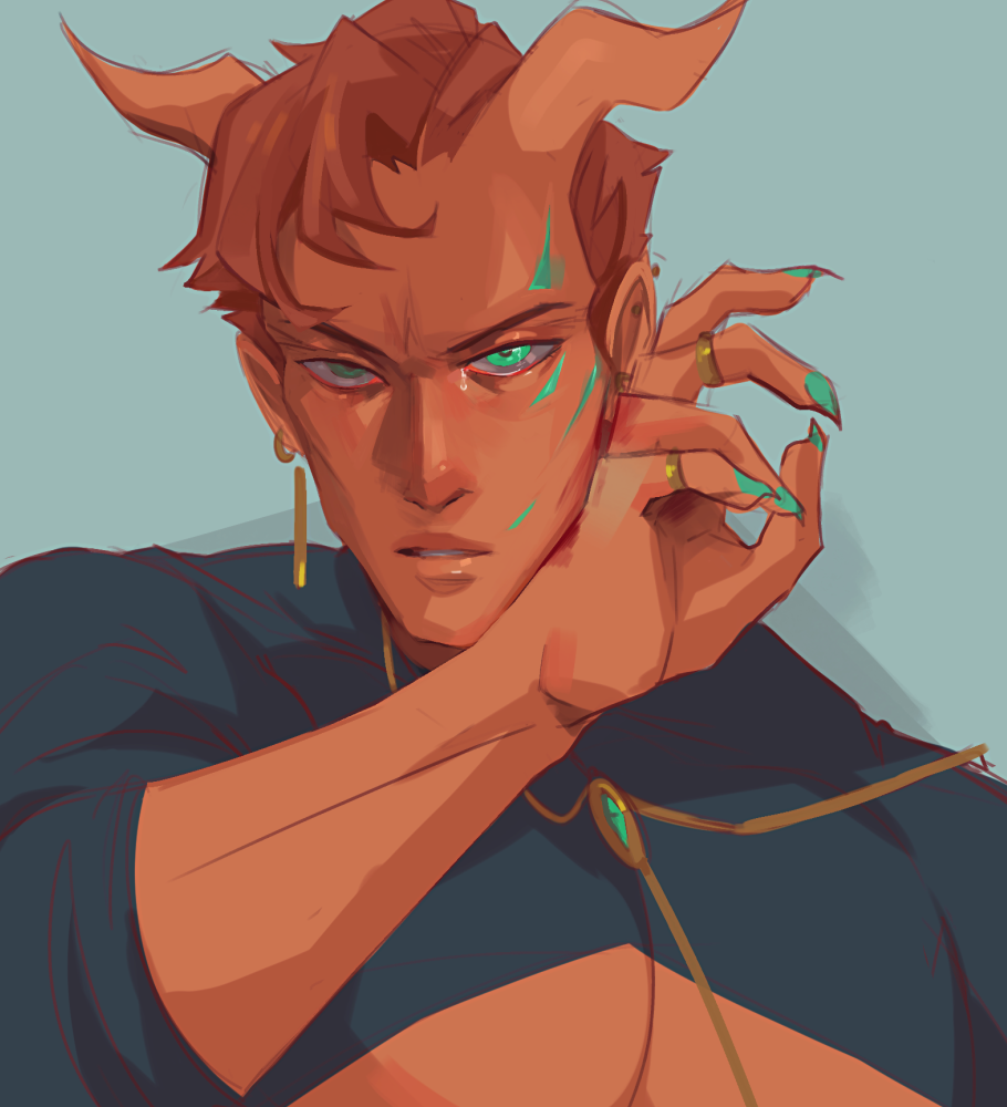 dark-skinned_male, dark_skin, demon_boy, demon_horns, drawfee, earrings, green_eyes, horns, jewelry, karina_farek, lips, luce_(drawfee), nose, parted_lips, pectorals, ring, short_hair, tears, very_short_hair