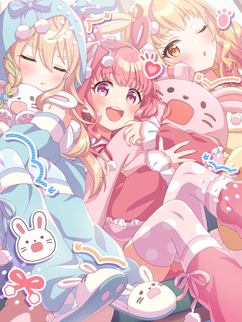 3girls, :t, absurdres, animal_ears, animal_slippers, artist_request, blonde_hair, blue_pajamas