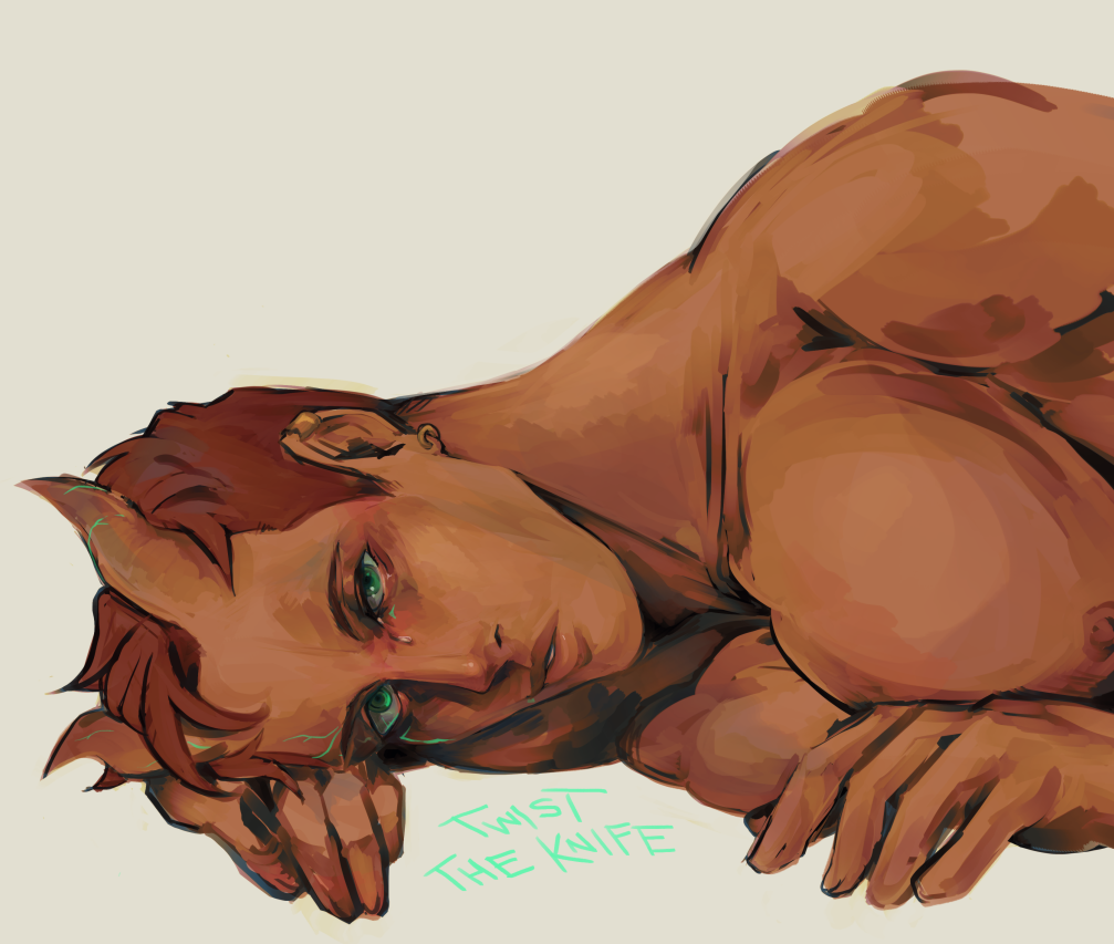 brown_hair, dark-skinned_male, dark_skin, demon_boy, demon_horns, drawfee, earrings, green_eyes, horns, jewelry, karina_farek, lips, luce_(drawfee), painterly, parted_lips, pectorals, short_hair, tears, very_short_hair