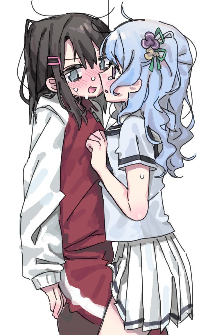 2girls, bang_dream!, bang_dream!_girls_band_party!, blue_eyes, blue_hair, blush, brown_hair, hair_ornament, hairclip, hanasakigawa_school_uniform, jacket, leg_between_thighs, long_hair, matsubara_kanon, metametmonmong, multiple_girls, okusawa_misaki, open_mouth, pleated_skirt, purple_eyes, red_jacket, school_uniform, shirt, short_sleeves, simple_background, skirt, sweat, track_jacket, white_background, white_shirt, white_skirt, yuri