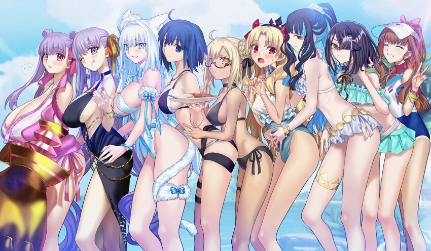 6+girls, ;q, ahoge, animal_ears, aora, aqua_bikini, aqua_skirt, artoria_pendragon_(fate)