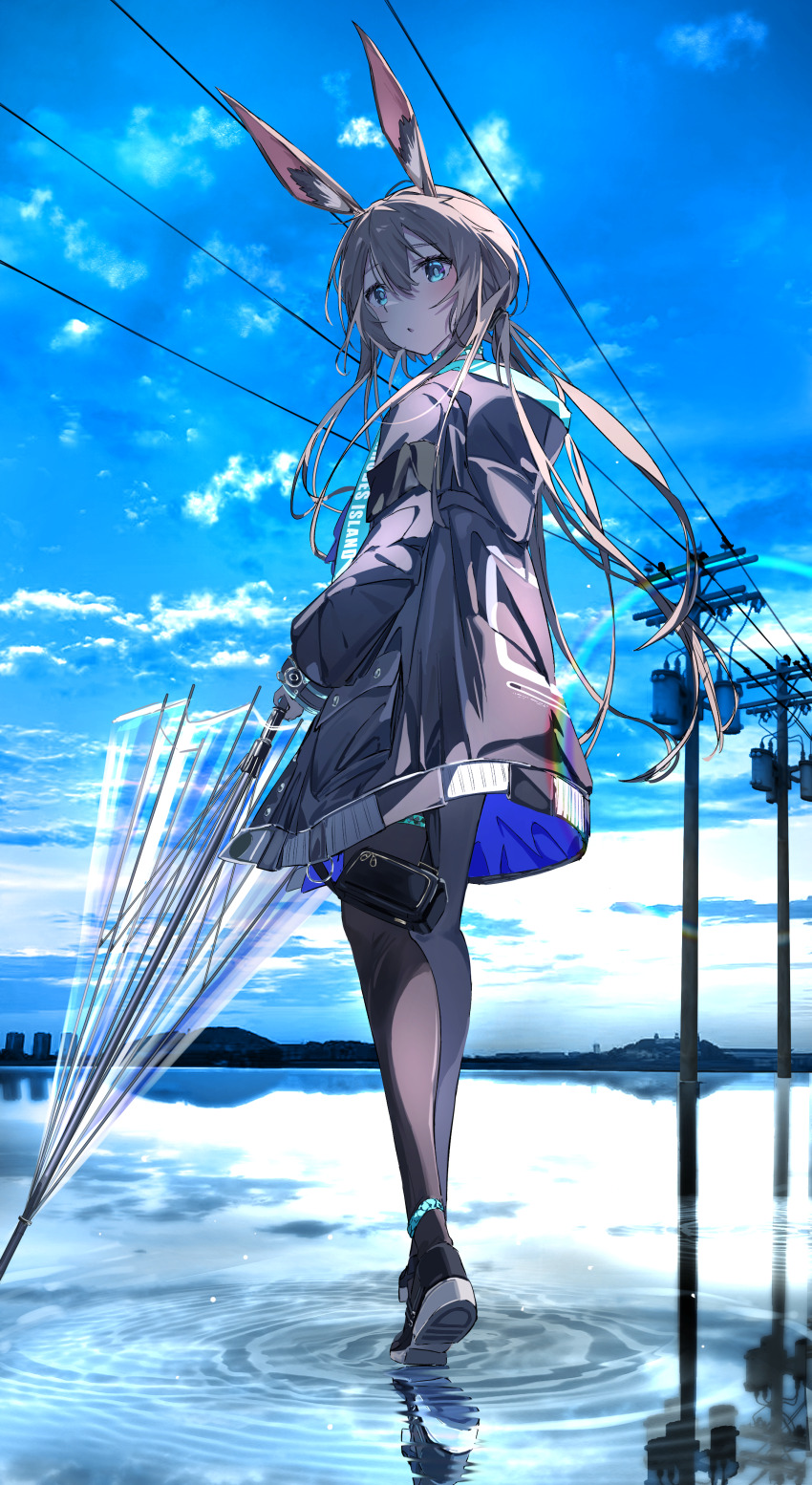 1girl, absurdres, amiya_(arknights), animal_ears, arknights, black_jacket, black_pantyhose, blue_eyes