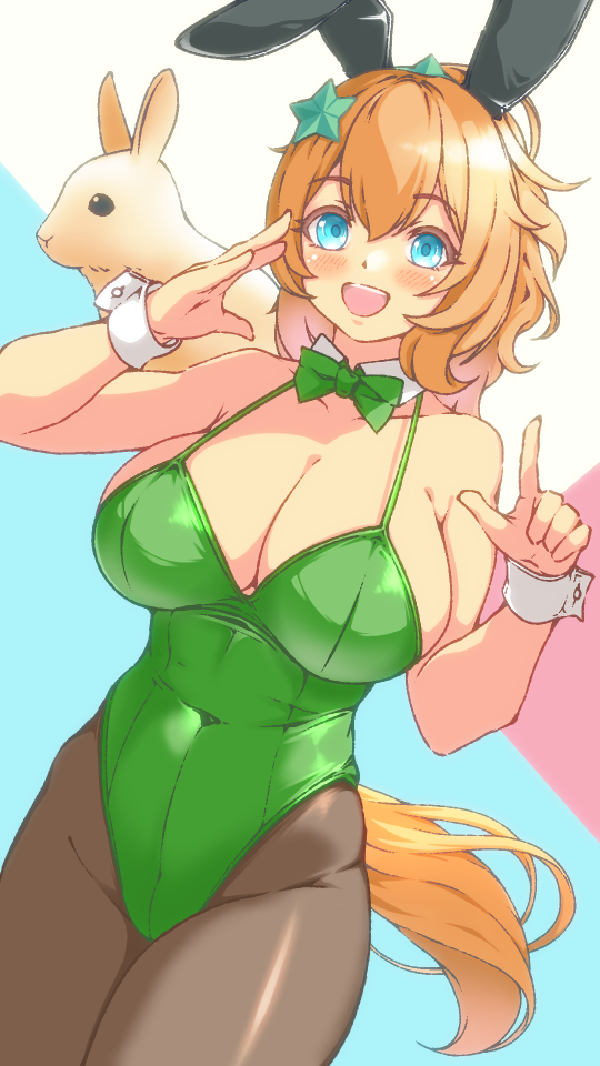 1girl, :d, alternate_costume, animal, animal_ears, blue_eyes, blush, breasts