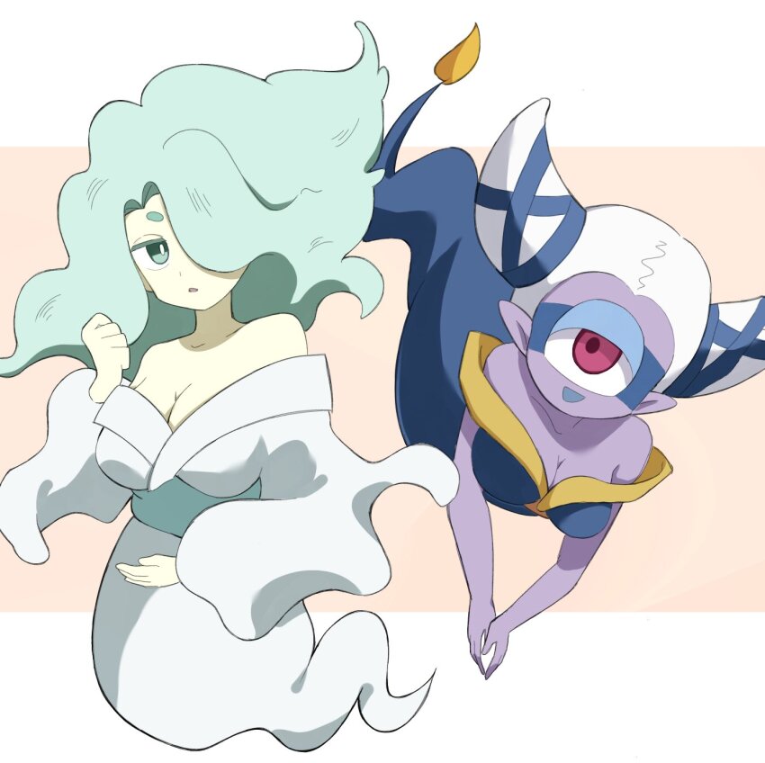 2girls, blue_eyes, blue_hair, colored_skin, enraenra_(youkai_watch), fuumin_(youkai_watch), hair_horns, hair_over_one_eye