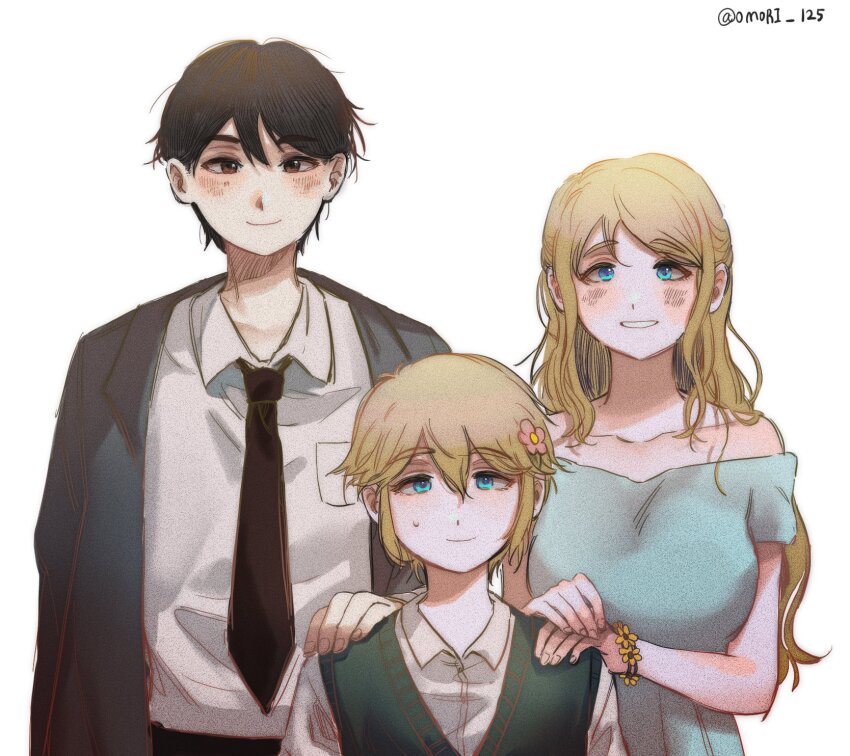 1girl, 2boys, antenna_hair, basil's_father_(omori), basil's_mother_(omori), basil_(faraway)_(omori), basil_(omori), black_coat