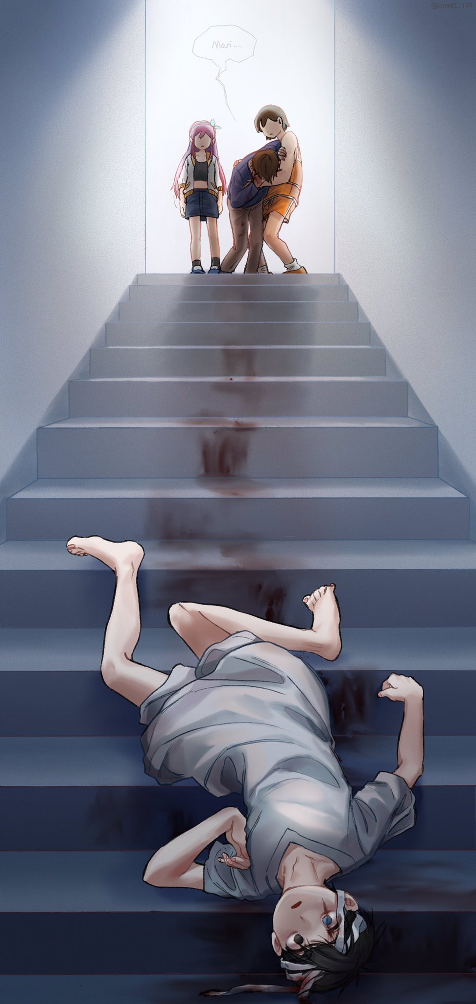 1girl, 3boys, aubrey_(faraway)_(omori), aubrey_(omori), bandaged_head, bandages, barefoot, black_eyes