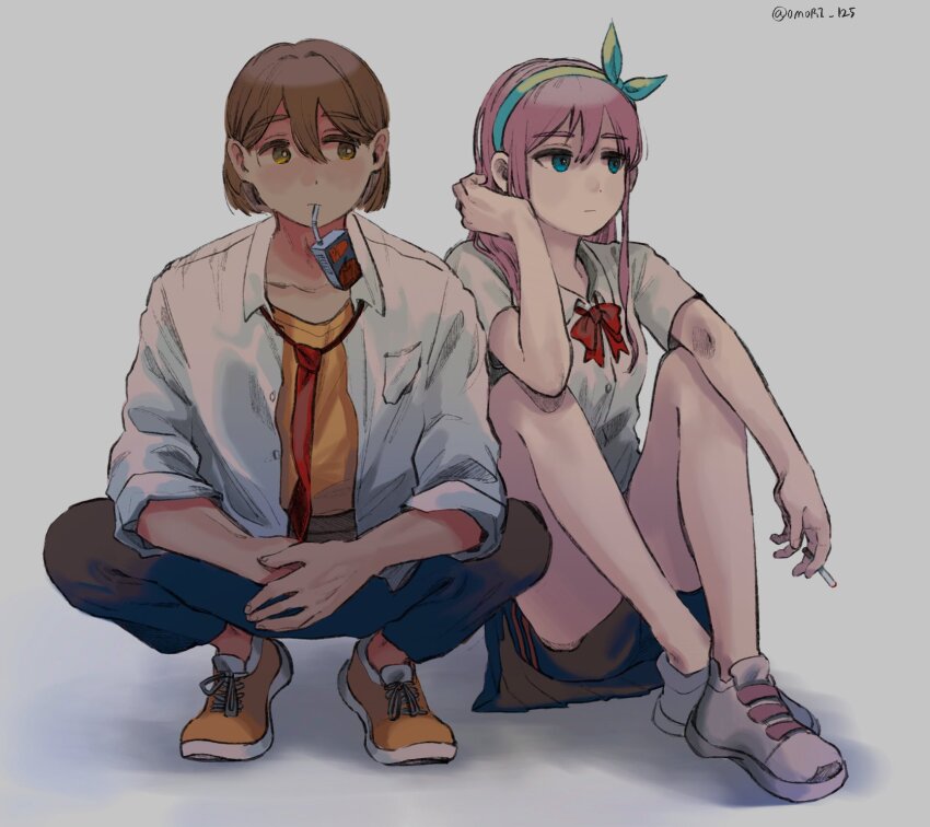 1boy, 1girl, alternate_costume, aubrey_(faraway)_(omori), aubrey_(omori), black_pants, black_skirt, blue_eyes