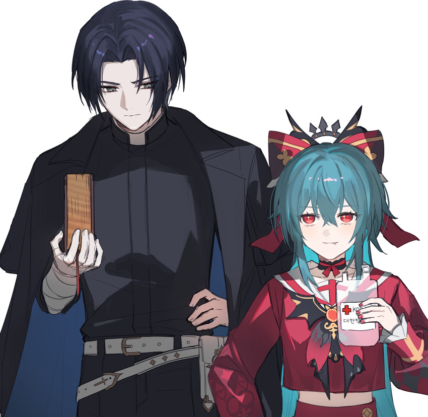 1boy, 1girl, bandaged_arm, bandaged_hand, bandages, bat_ornament, belt, belt_pouch