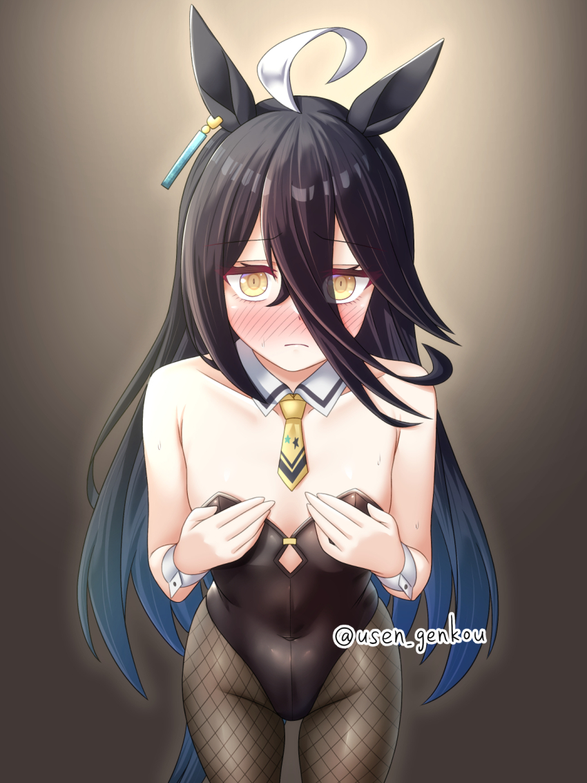 1girl, ahoge, animal_ears, bare_shoulders, black_hair, black_leotard, blush, breasts, cleavage, collarbone, covering_breasts, covering_privates, detached_collar, ear_ornament, ear_tag, earrings, fishnet_pantyhose, fishnets, grey_pantyhose, hair_between_eyes, hands_up, highres, horse_ears, horse_girl, horse_tail, jewelry, leotard, long_bangs, long_hair, long_hair_between_eyes, manhattan_cafe_(umamusume), multicolored_hair, necktie, nervous_sweating, pantyhose, short_necktie, single_earring, small_breasts, solo, sweat, tail, twitter_username, umamusume, very_long_hair, white_hair, yellow_necktie, yuusen_(aenka)