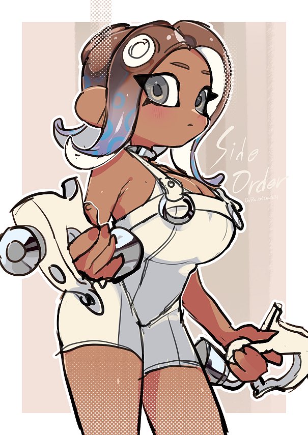 1girl, agent_8_(splatoon), blue_hair, blush, breasts, brown_background, brown_hair, choker