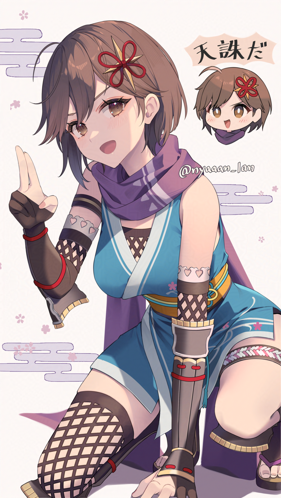 1girl, :d, black_gloves, blue_kimono, breasts, brown_eyes, brown_hair, commentary_request, egasumi, fishnet_thighhighs, fishnets, gauntlets, gloves, hair_ornament, highres, inset, japanese_clothes, kimono, looking_at_viewer, mashita_(kuzsat), ninja, ninja_(romancing_saga_2), open_mouth, partially_fingerless_gloves, purple_scarf, romancing_saga_2, saga, sandals, scarf, short_hair, sleeveless, sleeveless_kimono, smile, thighhighs, twitter_username