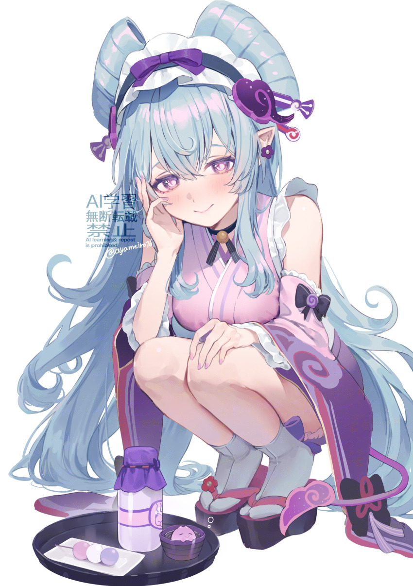 1girl, absurdres, aqua_hair, ayame_(ayameiro), closed_mouth, dango, dango_milk_(genshin_impact), detached_sleeves