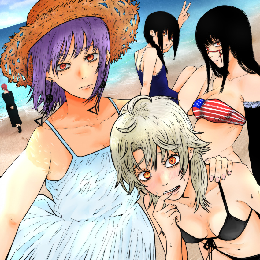 5girls, american_flag, american_flag_bikini, american_flag_print, arm_up, beach, bikini, black_bikini, black_gloves, black_hair, blue_one-piece_swimsuit, braid, braided_ponytail, breasts, chainsaw_man, cleavage, commentary_request, day, dress, earrings, elbow_gloves, facial_scar, fami_(chainsaw_man), famine_devil_(chainsaw_man), flag_print, flag_print_bikini, gloves, grey_hair, hat, highres, isuke_(isuke_now), jewelry, long_hair, looking_at_viewer, mole, mole_under_eye, mole_under_mouth, multiple_girls, navel, nayuta_(chainsaw_man), ocean, one-piece_swimsuit, orange_eyes, outdoors, print_bikini, purple_hair, ringed_eyes, sand, scar, scar_on_cheek, scar_on_face, scar_on_nose, selfie, small_breasts, straw_hat, sundress, sweat, swimsuit, v, war_devil_(chainsaw_man), white_dress, yellow_eyes, yoru_(chainsaw_man)