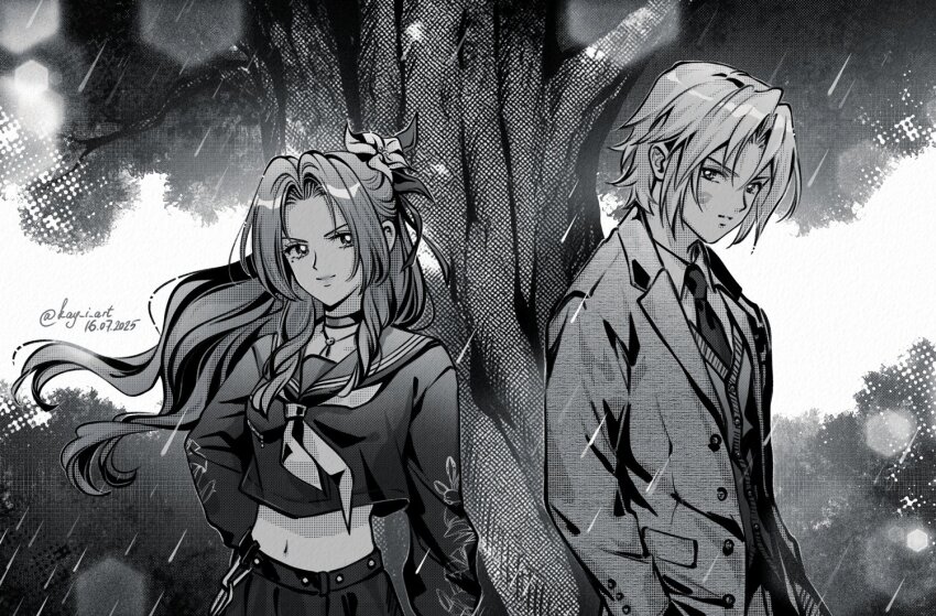 1boy, 1girl, aerith_gainsborough, aerith_gainsborough_(midgard_seventh_high_school), belt, black_choker, black_shirt, black_skirt