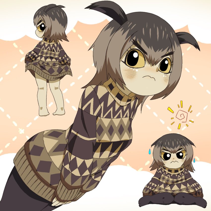 :3, animal_ears, bird_girl, blush, brown_feathers, closed_mouth, colored_sclera, eagle-owl_(gegegekman)