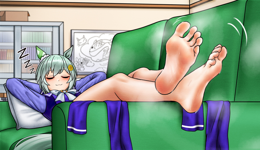 1girl, :3, absurdres, animal_ears, arms_behind_head, barefoot, blush, bunny_211, closed_eyes, couch, feet, green_hair, highres, horse_ears, horse_girl, lying, medium_hair, on_back, on_couch, seiun_sky_(umamusume), smell, socks, soles, steam, sweat, toes, umamusume, unworn_socks
