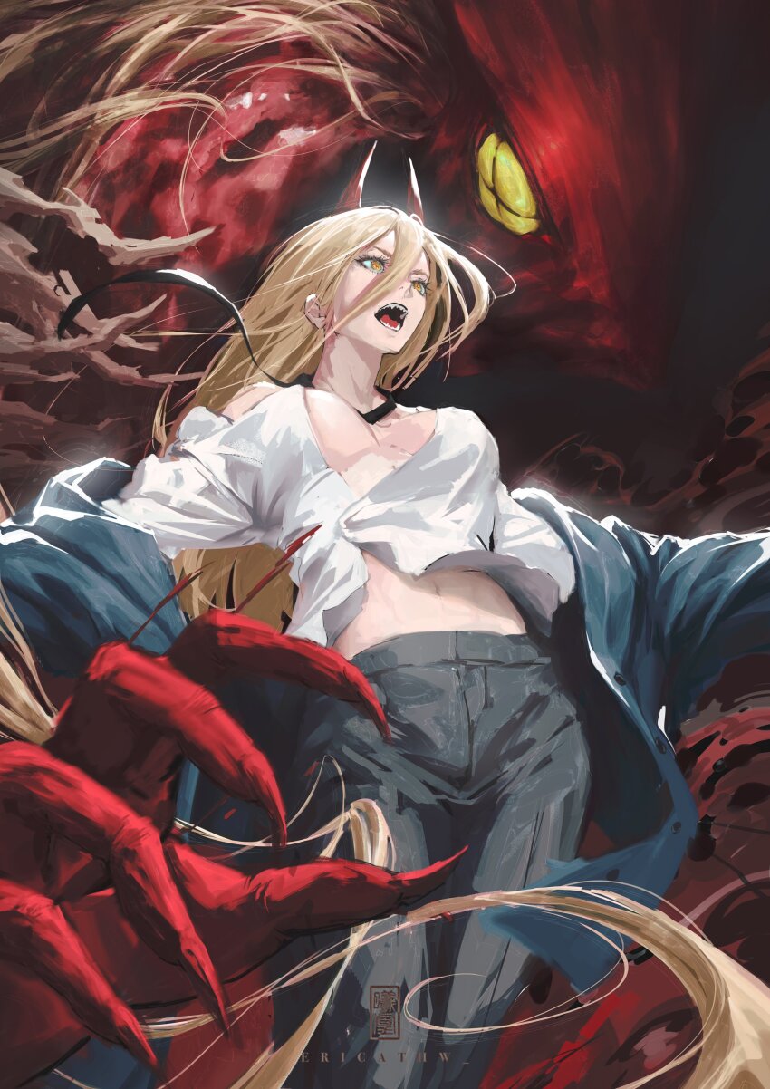 1girl, absurdres, black_pants, blonde_hair, blue_jacket, breasts, chainsaw_man, commentary_request