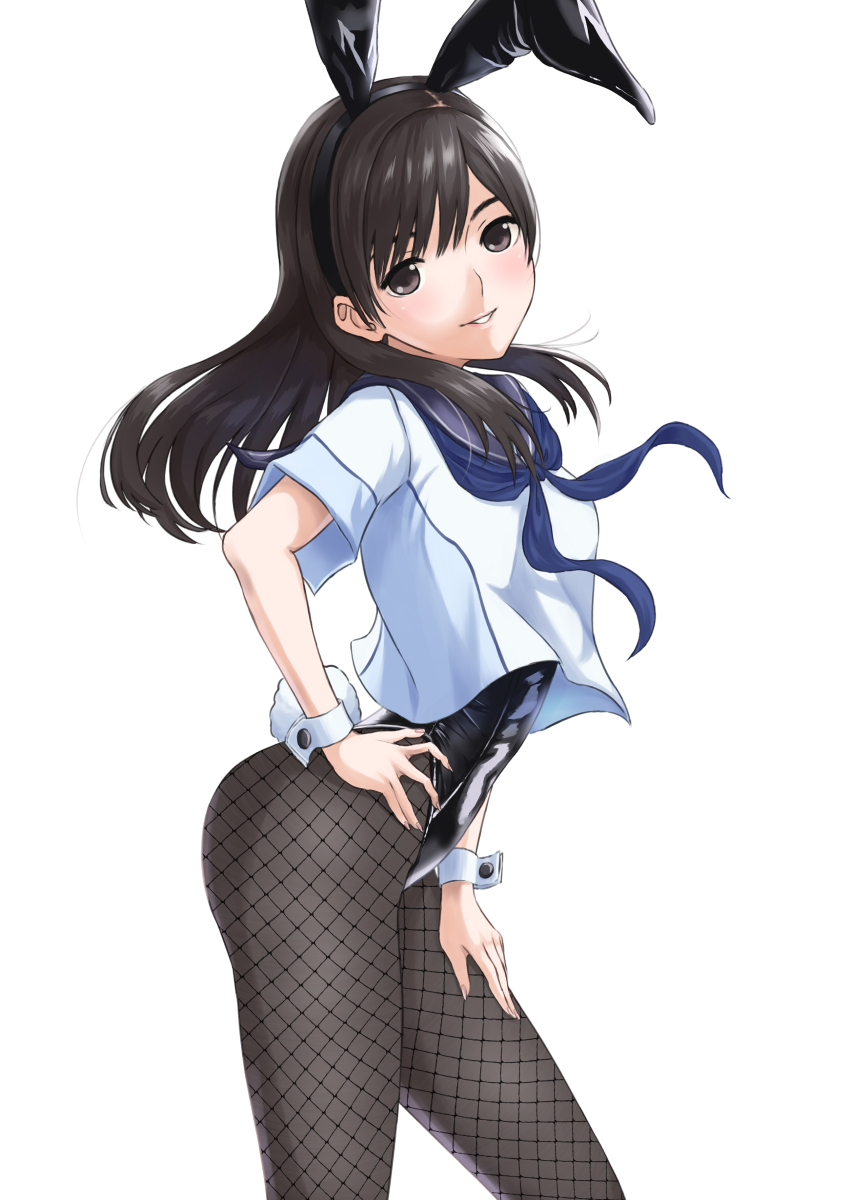 1girl, absurdres, animal_ear_hairband, animal_ears, black_eyes, black_hair, black_leotard, black_pantyhose