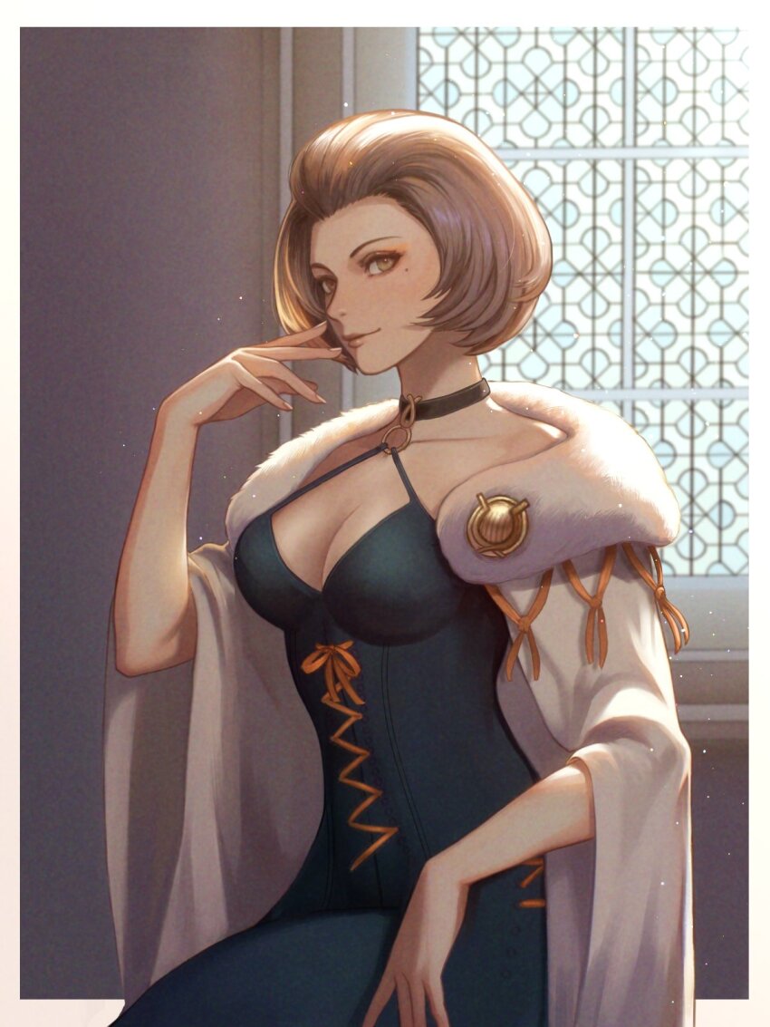 1girl, blush, breasts, brown_eyes, brown_hair, choker, cleavage, closed_mouth, dress, eyeshadow, fire_emblem, fire_emblem:_three_houses, hair_slicked_back, highres, large_breasts, looking_at_viewer, makeup, manuela_casagranda, mole, mole_under_eye, nintendo, orange_eyeshadow, short_hair, smile, solo, wrainbow13