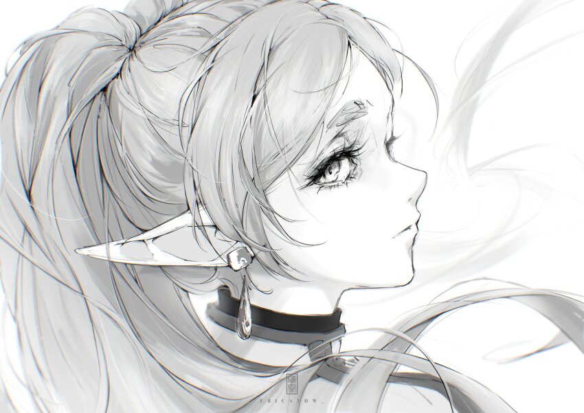 1girl, absurdres, capelet, close-up, closed_mouth, earrings, elf, ericathw, frieren, greyscale, highres, jewelry, long_hair, monochrome, pointy_ears, solo, sousou_no_frieren, twintails
