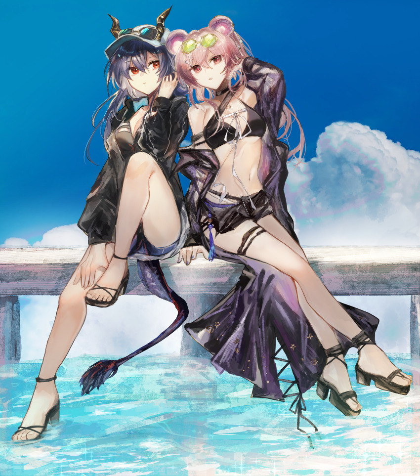 2girls, absurdres, animal_ears, arknights, arm_up, bikini, black_bikini, black_jacket