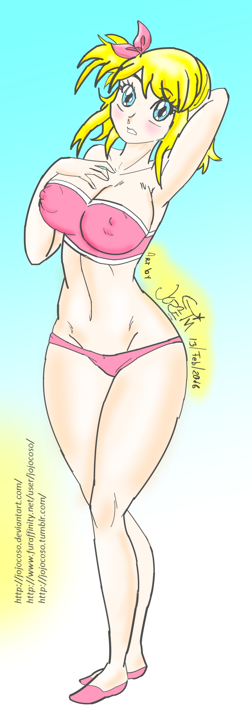 10s, 1girl, 2016, arm_behind_head, arm_up, bikini, blonde_hair, blue_background, blue_eyes, blush, breasts, cleavage, collarbone, covered_erect_nipples, dated, fairy_tail, february, gradient_background, hair_ribbon, hand_on_own_chest, highres, kimbawest, large_breasts, long_hair, looking_at_viewer, lucy_heartfilia, navel, parted_lips, pink_bikini, pink_ribbon, pink_shoes, ponytail, ribbon, shoes, side_ponytail, standing, star_(symbol), supergeorgesapiens, swimsuit, teeth