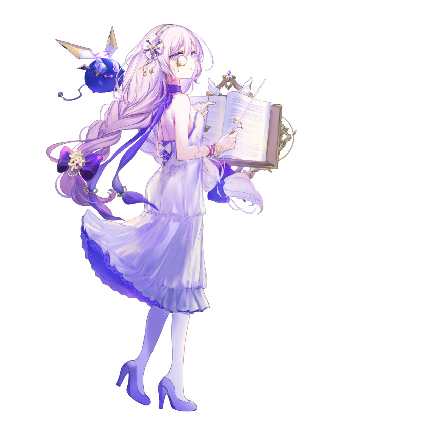 alternate_costume, arcaea, backless_dress, backless_outfit, bare_shoulders, bow, bowtie, braid