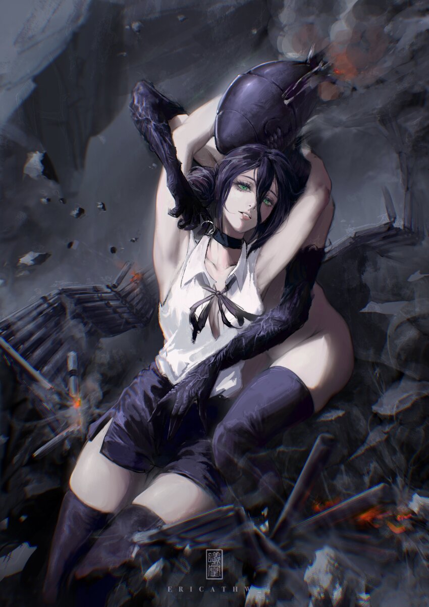 2girls, absurdres, black_choker, black_gloves, black_hair, black_shorts, black_thighhighs, bomb_devil_(chainsaw_man)