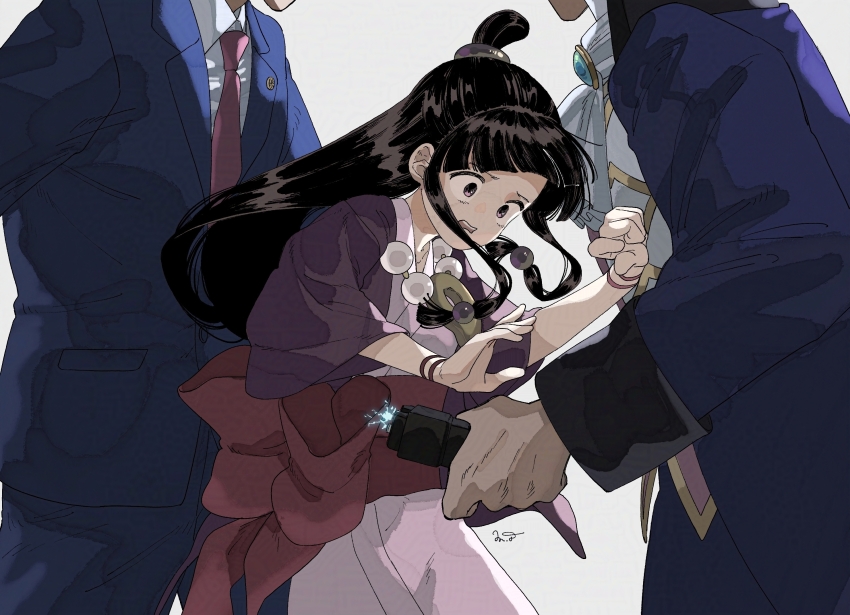 1girl, 2boys, ace_attorney, ascot, badge, bead_necklace, beads, black_hair