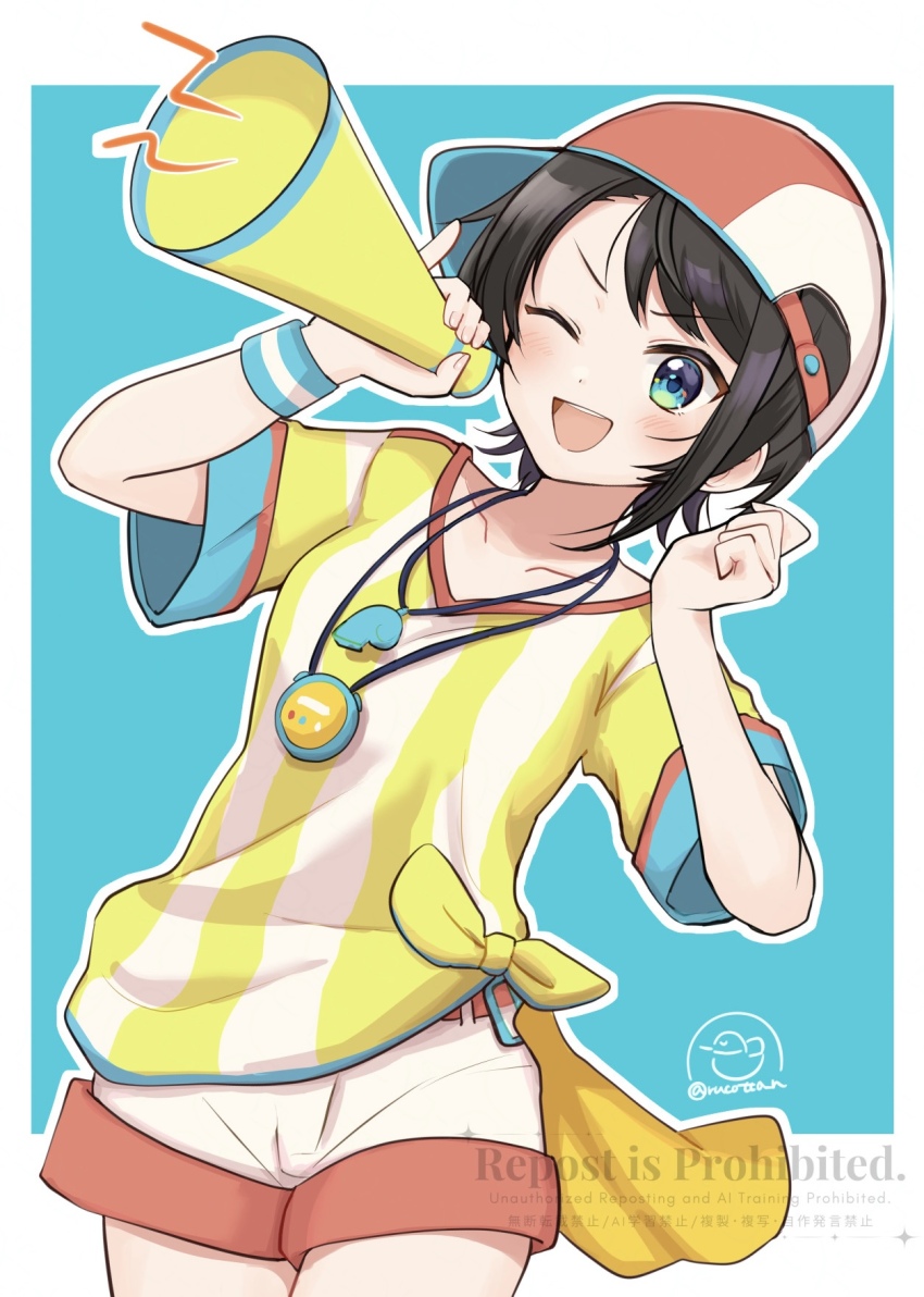 1girl, ;d, aqua_eyes, baseball_cap, black_hair, blue_background, blue_eyes, blush