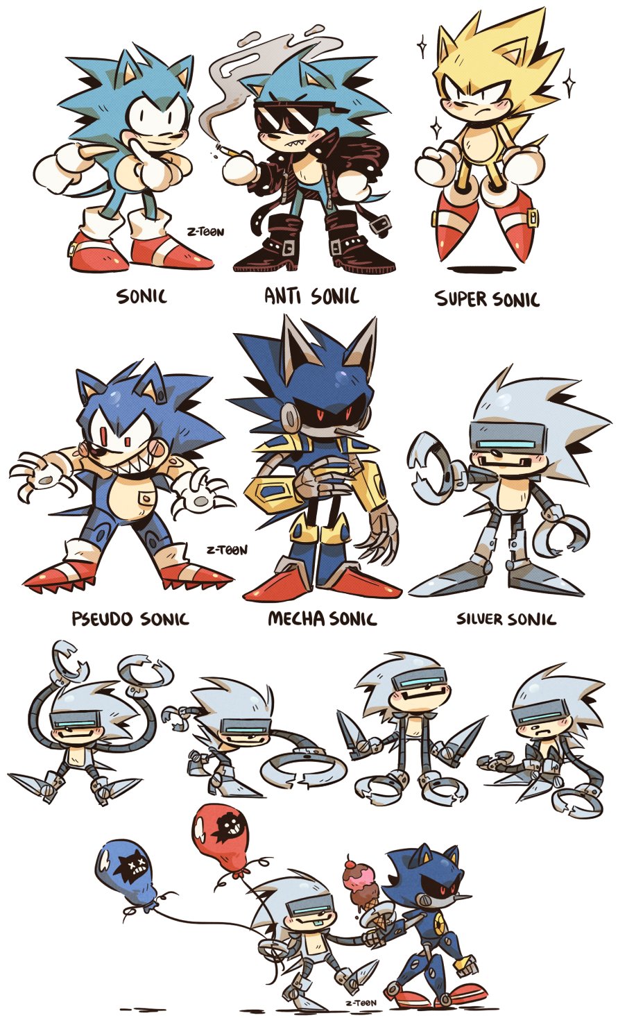 adventures_of_sonic_the_hedgehog, armor, artist_name, balloon, black_jacket, black_shoes, boots, cigarette, food, full_body, gloves, highres, holding, holding_balloon, holding_cigarette, humanoid_robot, ice_cream, jacket, male_focus, mecha_sonic_mki_(8-bit), mecha_sonic_mkii, metal_sonic, multiple_persona, multiple_views, pauldrons, pseudo_sonic, robot, sharp_teeth, shoes, shoulder_armor, sonic_(series), sonic_the_hedgehog, sonic_the_hedgehog_(archie_comics), sparkle, sunglasses, super_sonic, teeth, white_gloves, z-t00n