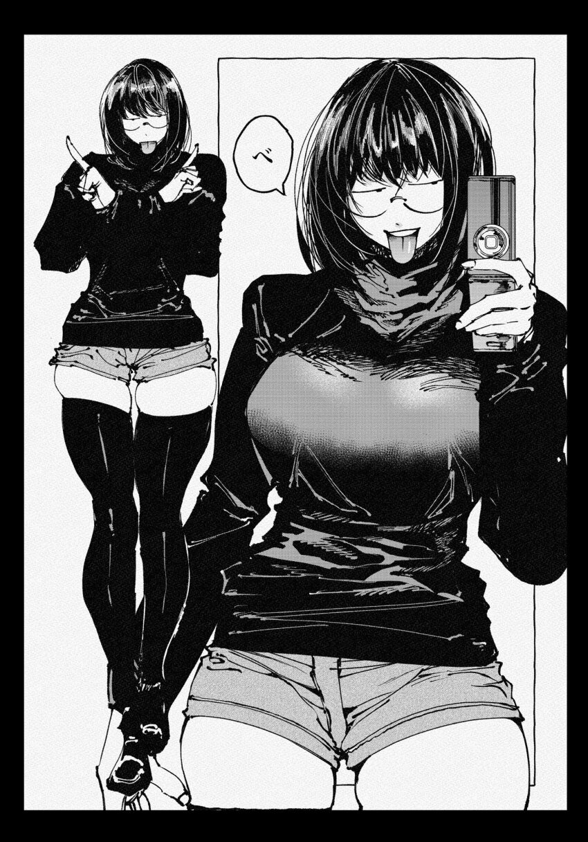 1girl, black_border, bob_cut, border, cellphone, flip_phone, greyscale, hachinuki_tessei