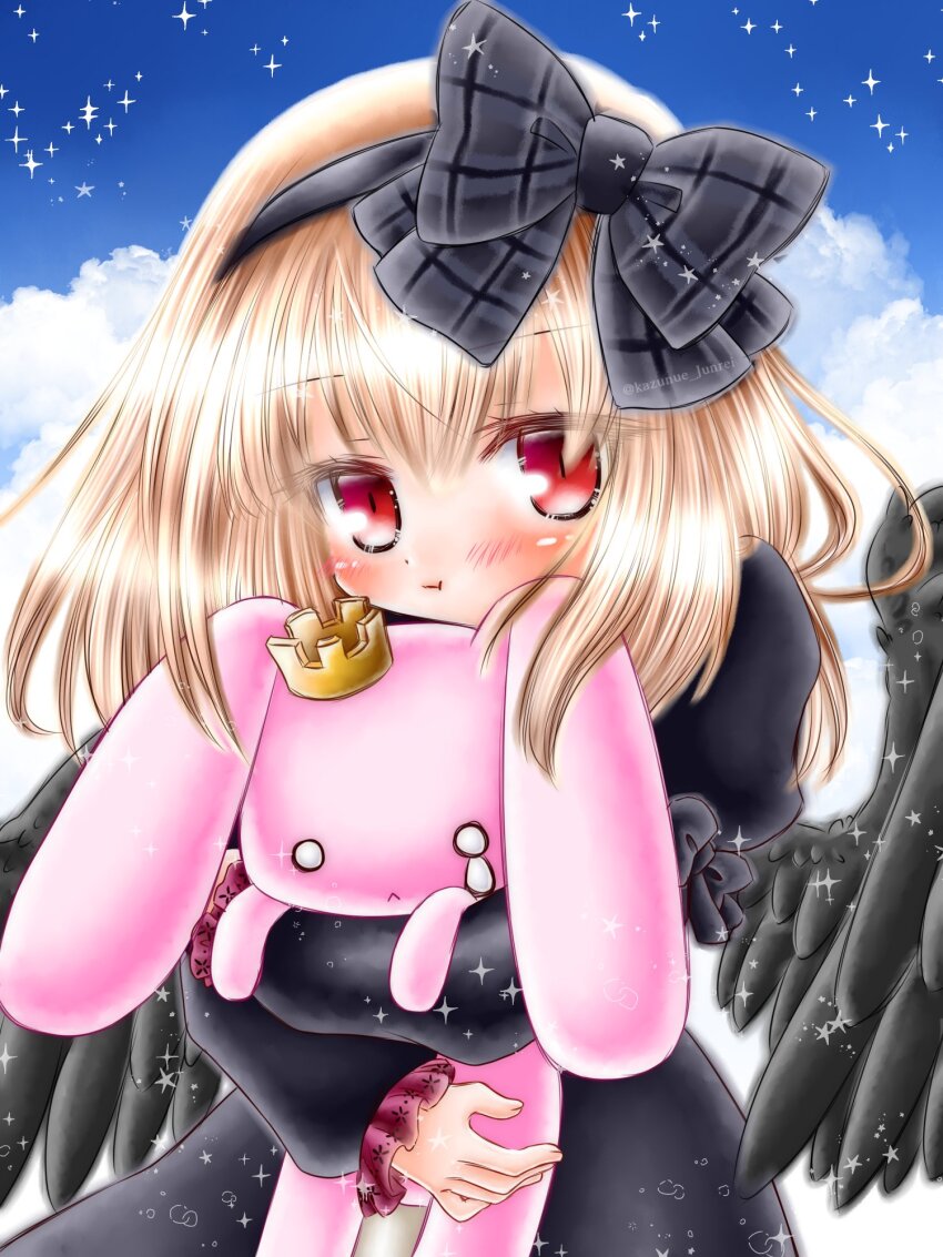 1girl, :t, black_dress, black_hairband, black_ribbon, black_wings, blonde_hair, blush