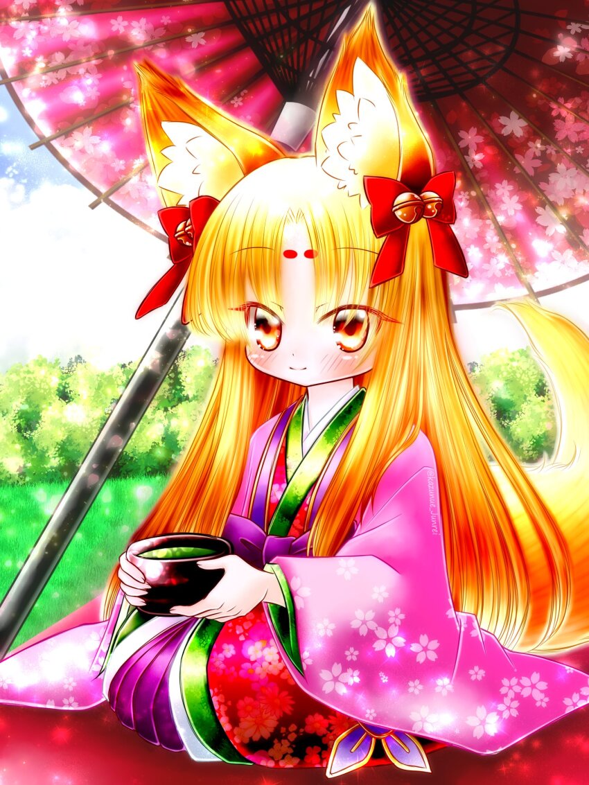 1girl, animal_ears, bell, blonde_hair, cup, emil_chronicle_online, fox_ears, fox_girl