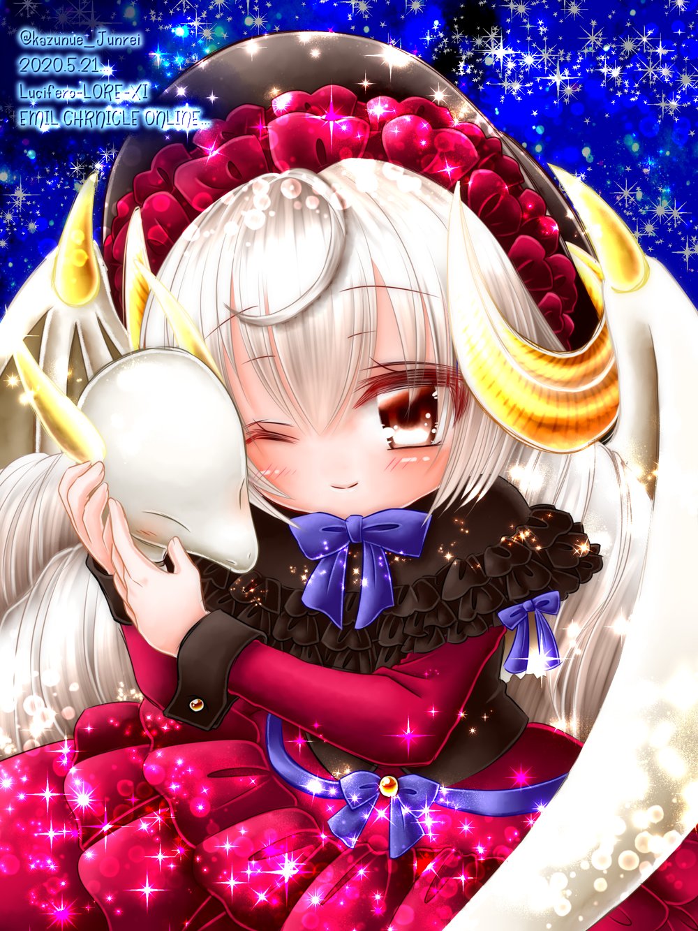 1girl, ahoge, black_capelet, black_hat, blue_ribbon, bonnet, brown_eyes, capelet