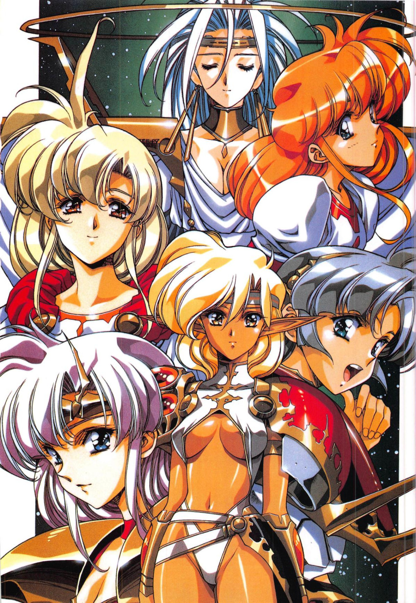 6+girls, armor, blonde_hair, blue_eyes, breasts, brown_eyes, chris_(langrisser), cleavage