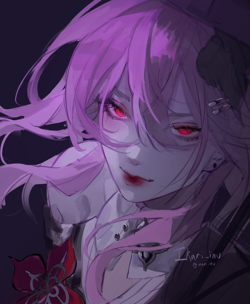 1girl, absurdres, artist_name, bare_shoulders, black_flower, close-up, collared_shirt, commentary